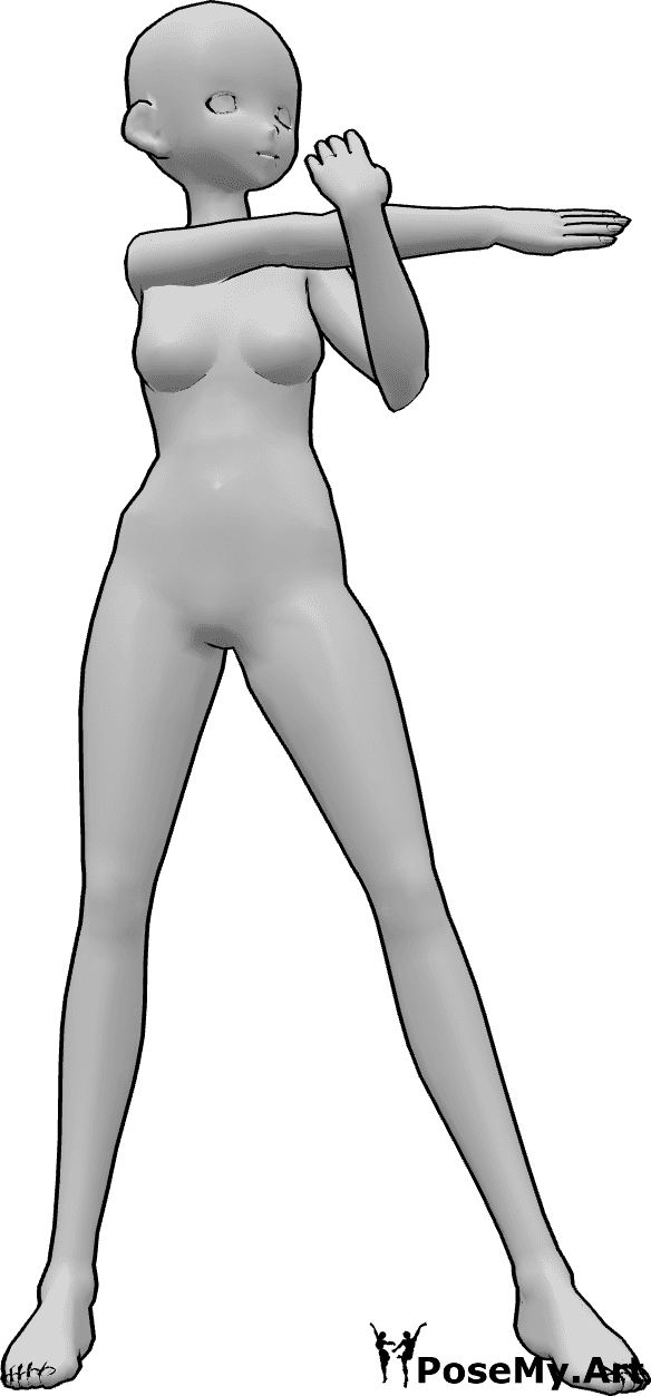 Référence des poses- Pose d'étirement des bras de l'anime - Une femme animée se tient debout, les bras croisés, s'étirant et regardant vers la gauche.