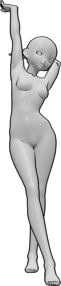 Referencia de poses- Postura de estiramiento anime femenino - Mujer anime de pie con las piernas cruzadas y estirando los brazos