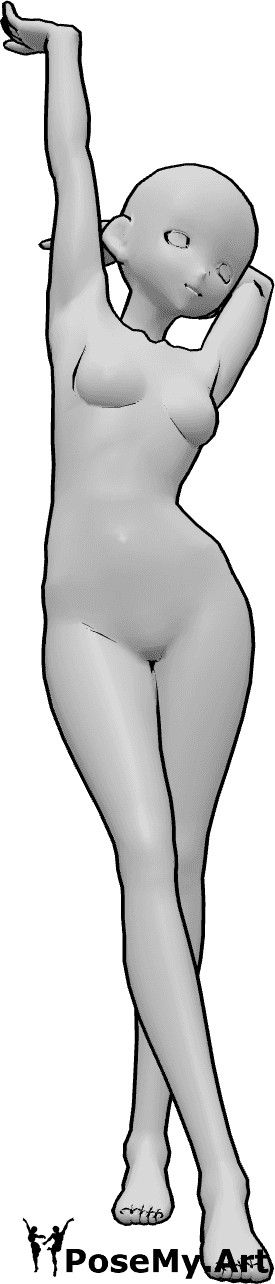 Referencia de poses- Postura de estiramiento anime femenino - Mujer anime de pie con las piernas cruzadas y estirando los brazos
