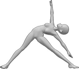 Referencia de poses- Postura de estiramiento de todo el cuerpo - La mujer anime se inclina hacia la izquierda, mira hacia arriba, estira los brazos y las piernas