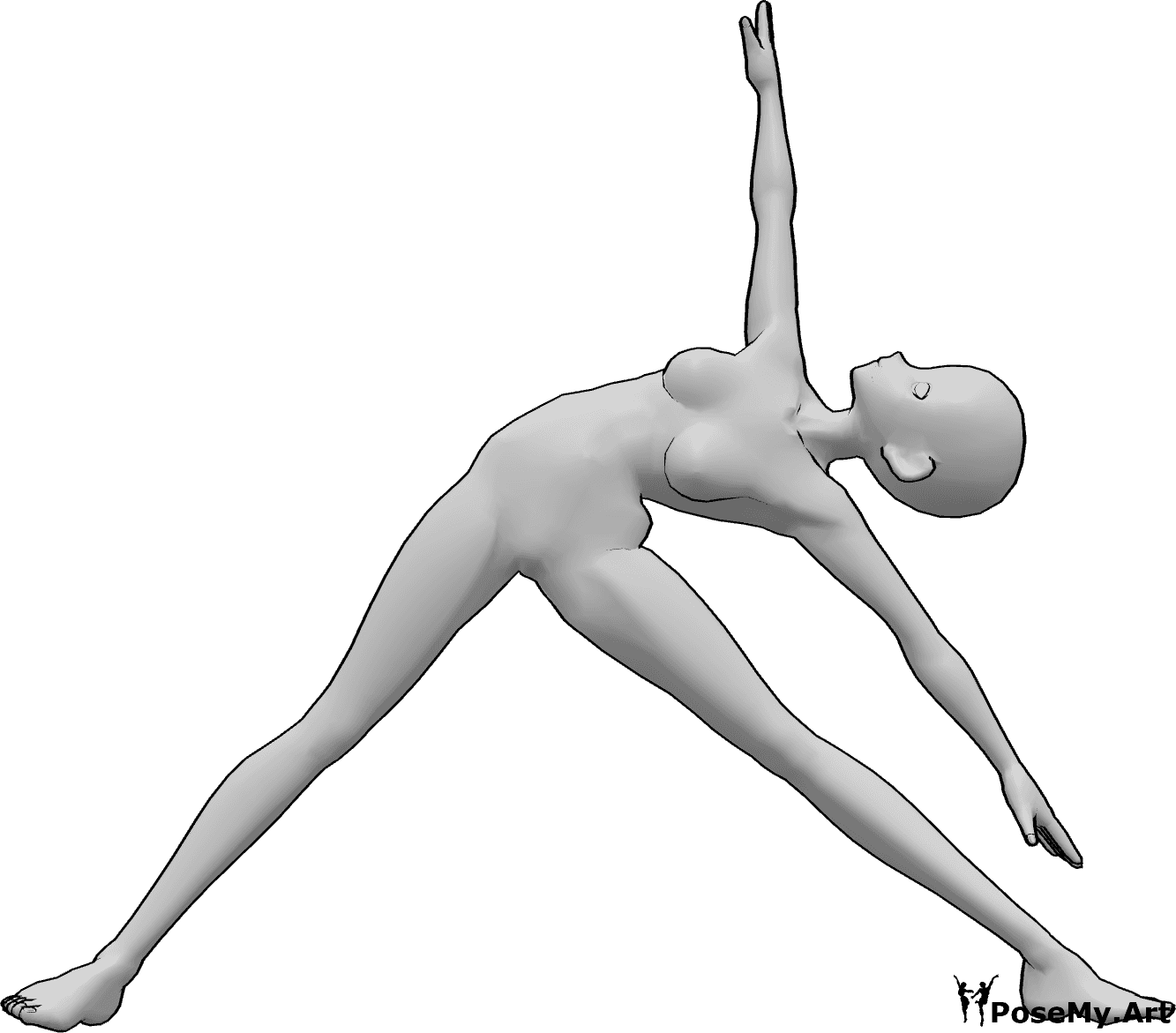 Referência de poses- Pose de alongamento de corpo inteiro - A mulher anime está inclinada para a esquerda, olhando para cima, esticando os braços e as pernas