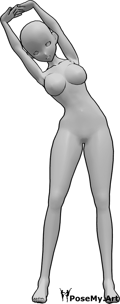 Referencia de poses- Postura de estiramiento por encima de la cabeza - Mujer anime de pie, estirando los brazos por encima de la cabeza y mirando hacia abajo.