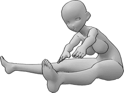 Référence des poses- Posture d'étirement de la position assise de l'anime - La femme animée est assise, les jambes droites, et s'étire en tendant la jambe gauche.