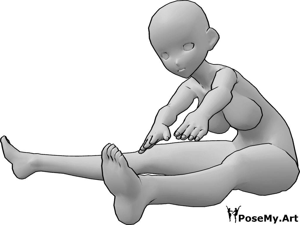Referencia de poses- Postura de estiramiento sentado anime - Mujer anime sentada con las piernas rectas y estiradas, estirando la pierna izquierda