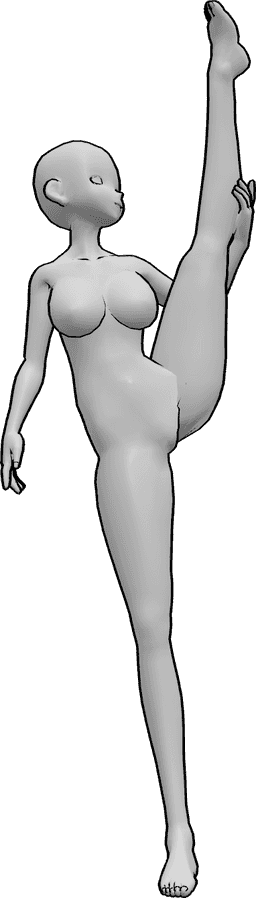 Riferimento alle pose- Anime femmina in posa divisa - Una donna animata è in piedi e si stiracchia le gambe, fa una spaccata in aria e tiene la gamba sinistra.