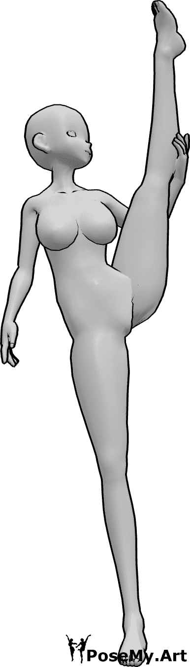 Riferimento alle pose- Anime femmina in posa divisa - Una donna animata è in piedi e si stiracchia le gambe, fa una spaccata in aria e tiene la gamba sinistra.