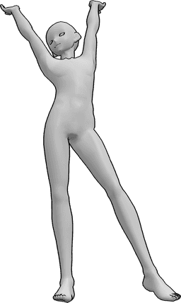 Référence des poses- Pose d'étirement d'un homme d'animation - L'homme se tient debout et lève les bras en l'air, dans une pose d'étirement.