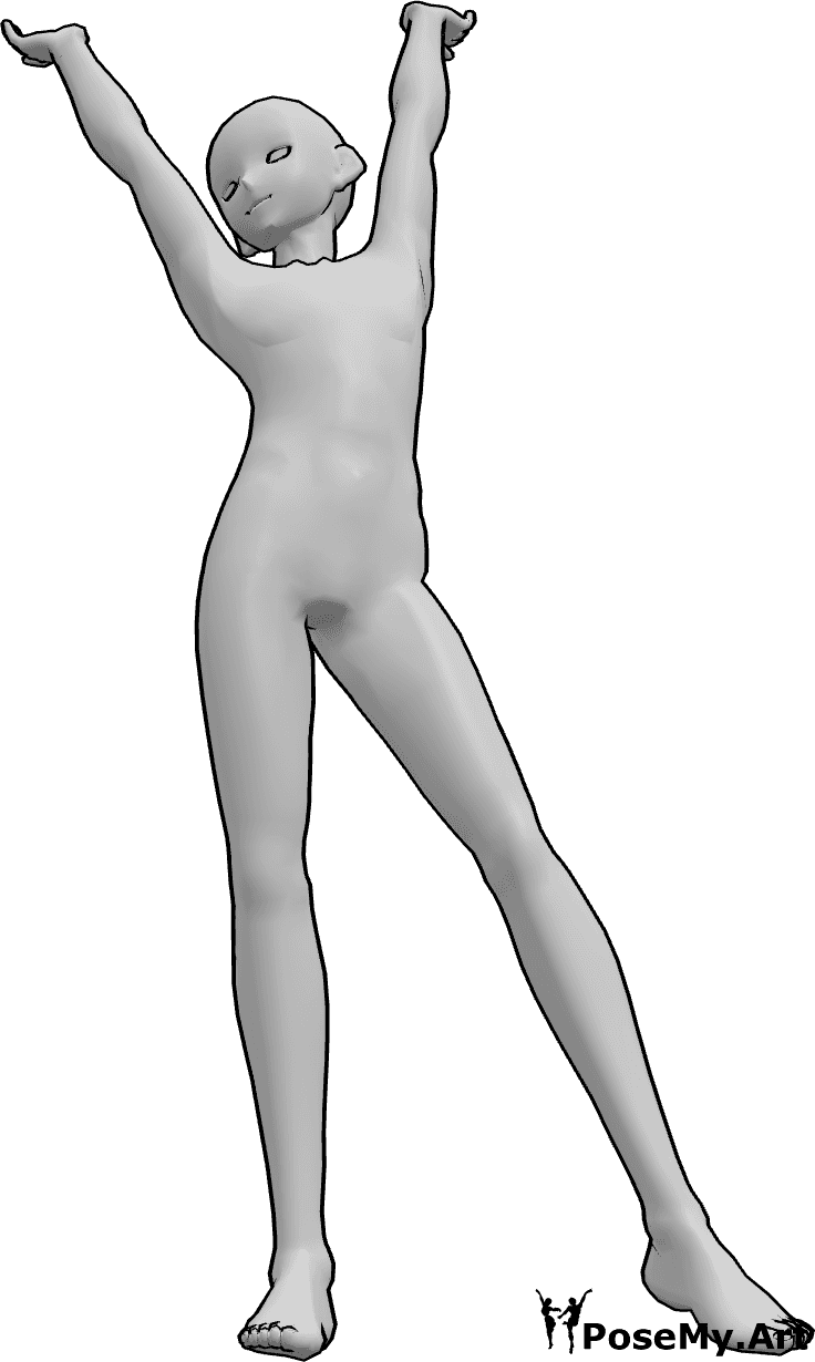 Referencia de poses- Postura de estiramiento anime masculino - Anime masculino está de pie y levantando los brazos en alto, anime estiramiento pose