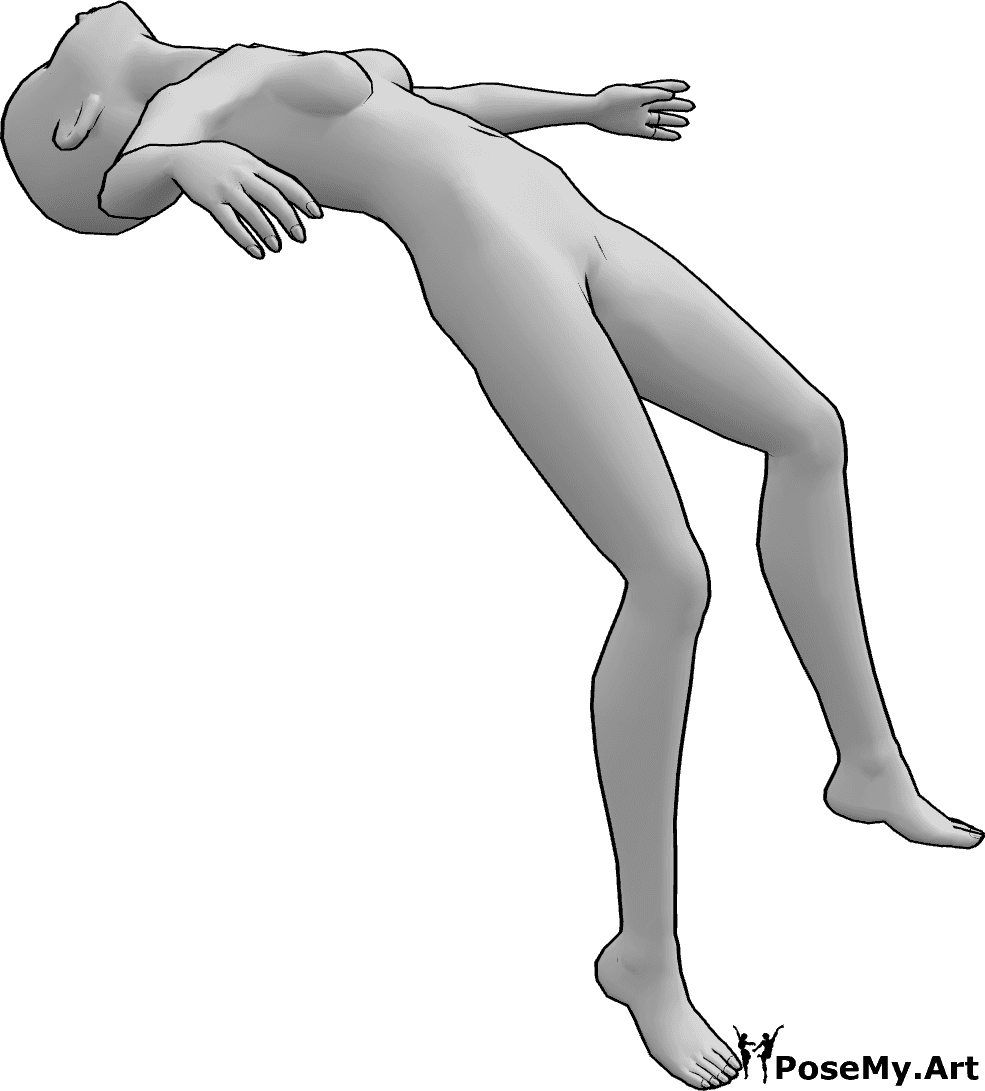 Referência de poses- Pose de queda inconsciente de anime - A mulher anime está a cair inconscientemente, flutuando no ar, com a cabeça inclinada para trás