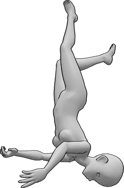 Référence des poses- Pose de chute à l'envers - Une femme d'animation tombe la tête en bas, les bras et les jambes détendus, et regarde vers le bas.