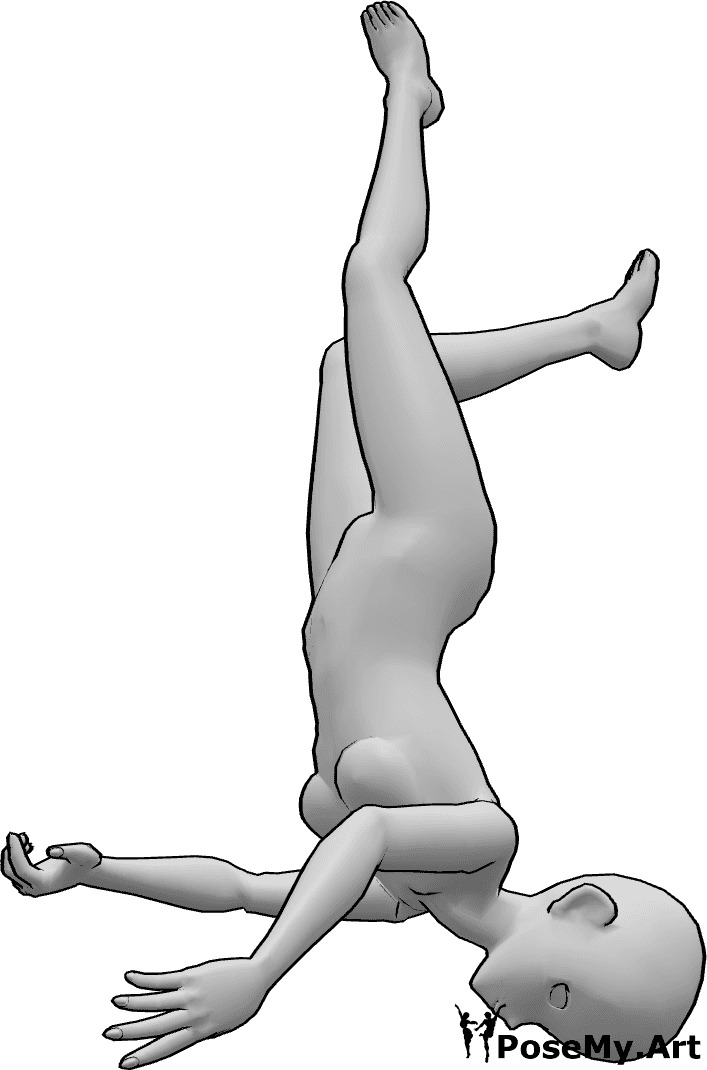 Referência de poses- Pose de queda de cabeça para baixo - A mulher anime está a cair de cabeça para baixo com os braços e as pernas relaxados e a olhar para baixo