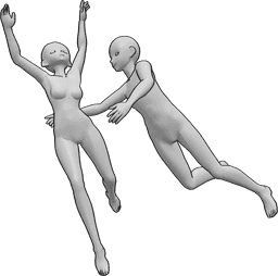 Référence des poses- Femme homme pose de chute - Une femelle et un mâle tombent ensemble, le mâle essaie d'atteindre la femelle.