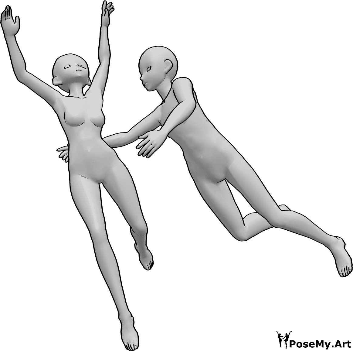 Référence des poses- Femme homme pose de chute - Une femelle et un mâle tombent ensemble, le mâle essaie d'atteindre la femelle.