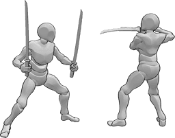 Référence des poses- Pose de combat de samouraï - Deux samouraïs masculins prennent la pose de combat