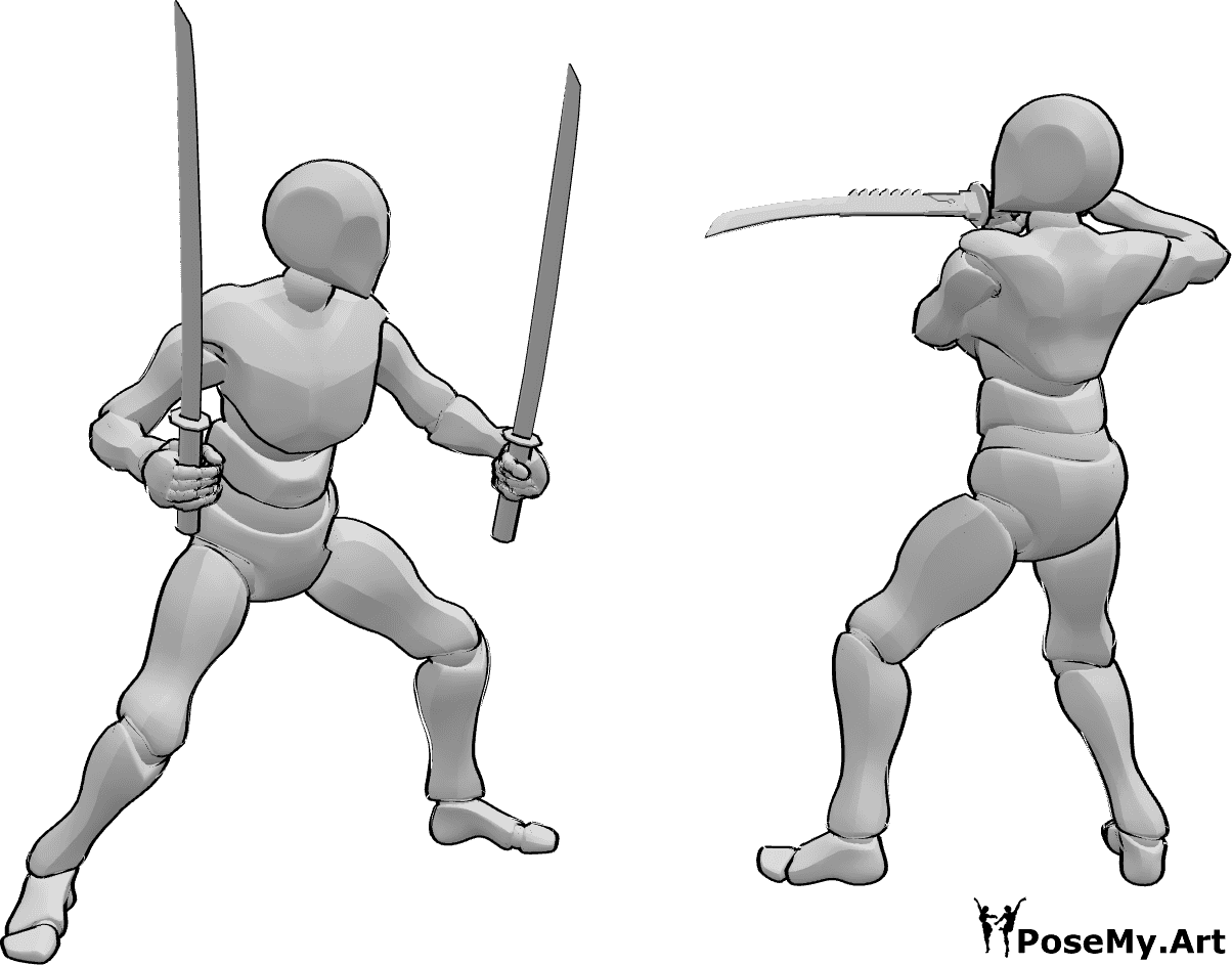 Referência de poses- Pose de luta de samurai - Dois samurais masculinos em pose de combate