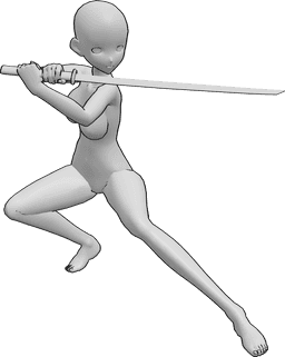 Referência de poses- Pose de ninja feminina de anime - A mulher anime segura a katana com as duas mãos, olhando para a esquerda, pronta para lutar