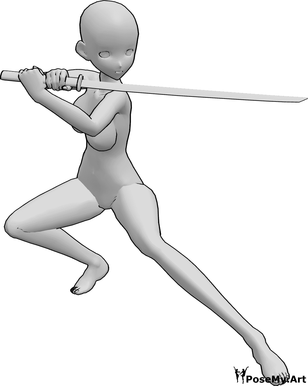 Referência de poses- Pose de ninja feminina de anime - A mulher anime segura a katana com as duas mãos, olhando para a esquerda, pronta para lutar