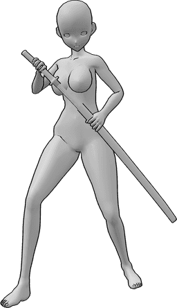 Référence des poses- Anime dessin katana pose - Une femme d'animation se tient debout et tire son katana de son fourreau, en regardant vers l'avant.