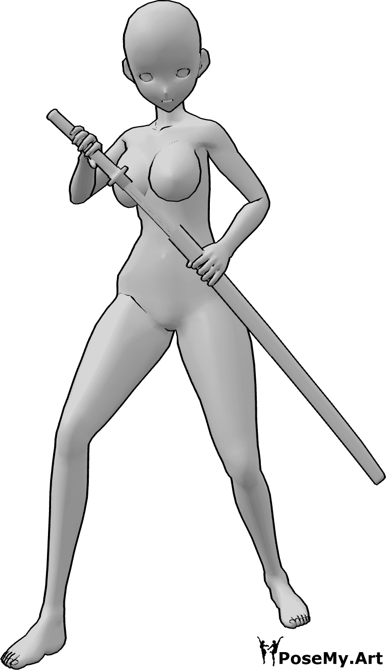 Référence des poses- Anime dessin katana pose - Une femme d'animation se tient debout et tire son katana de son fourreau, en regardant vers l'avant.