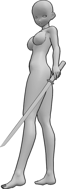 Referência de poses- Anime com pose de katana - Mulher anime de pé, com uma katana na mão esquerda e a olhar para a esquerda