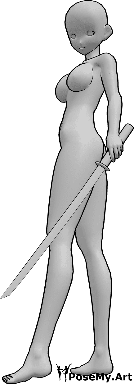 Referencia de poses- Anime con katana en la mano - Anime femenino está de pie y sostiene una katana en su mano izquierda y mirando a la izquierda