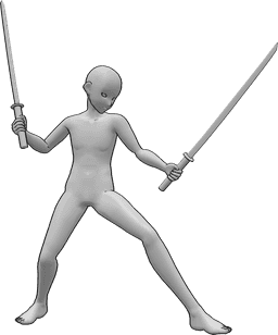 Referência de poses- Pose de ninja masculino de anime - Homem anime segurando katanas com as duas mãos, olhando para a esquerda e pronto para lutar