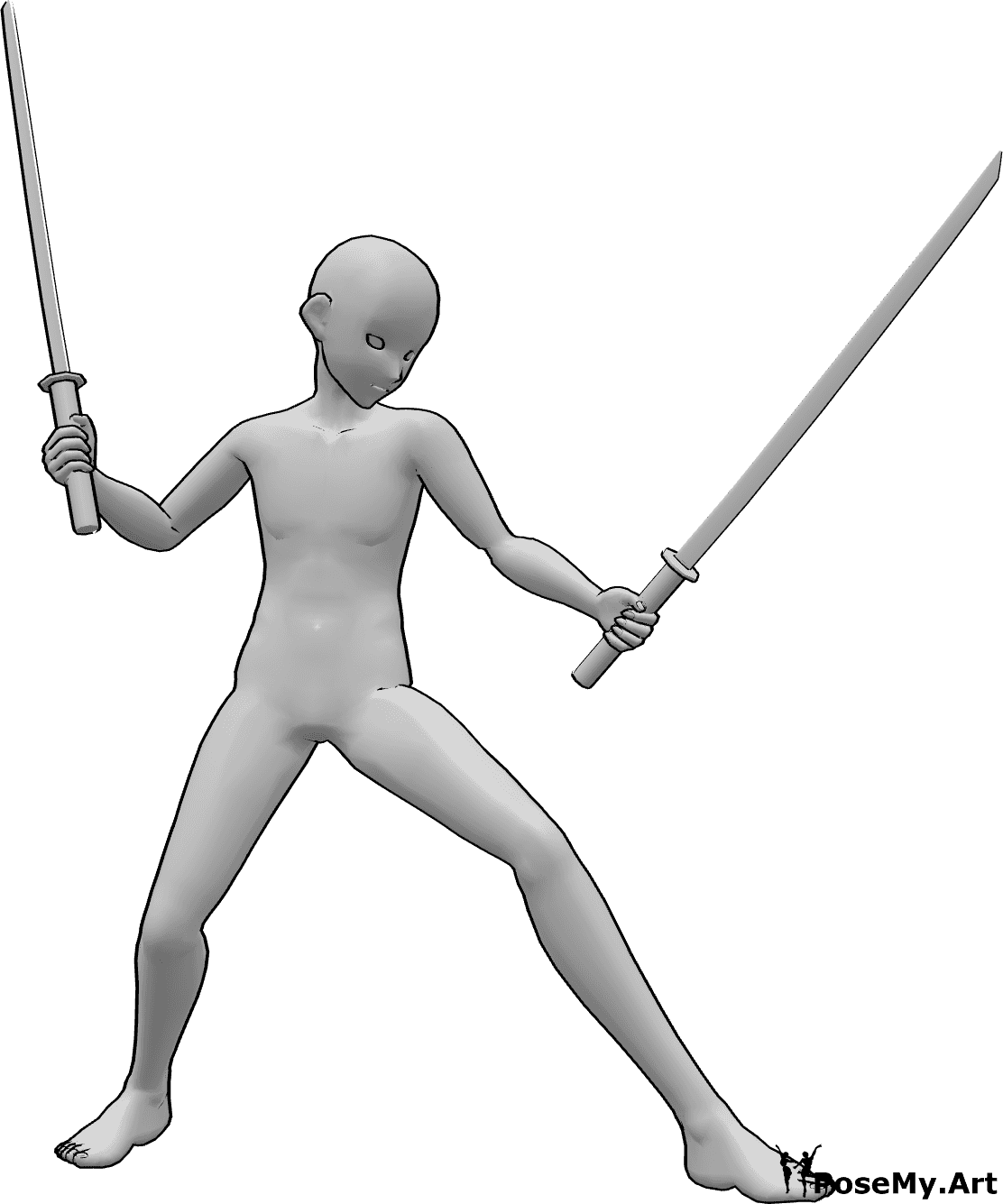 Posen-Referenz- Anime männliche Ninja Pose - Anime-Männchen hält Katanas in beiden Händen, schaut nach links und ist bereit zu kämpfen