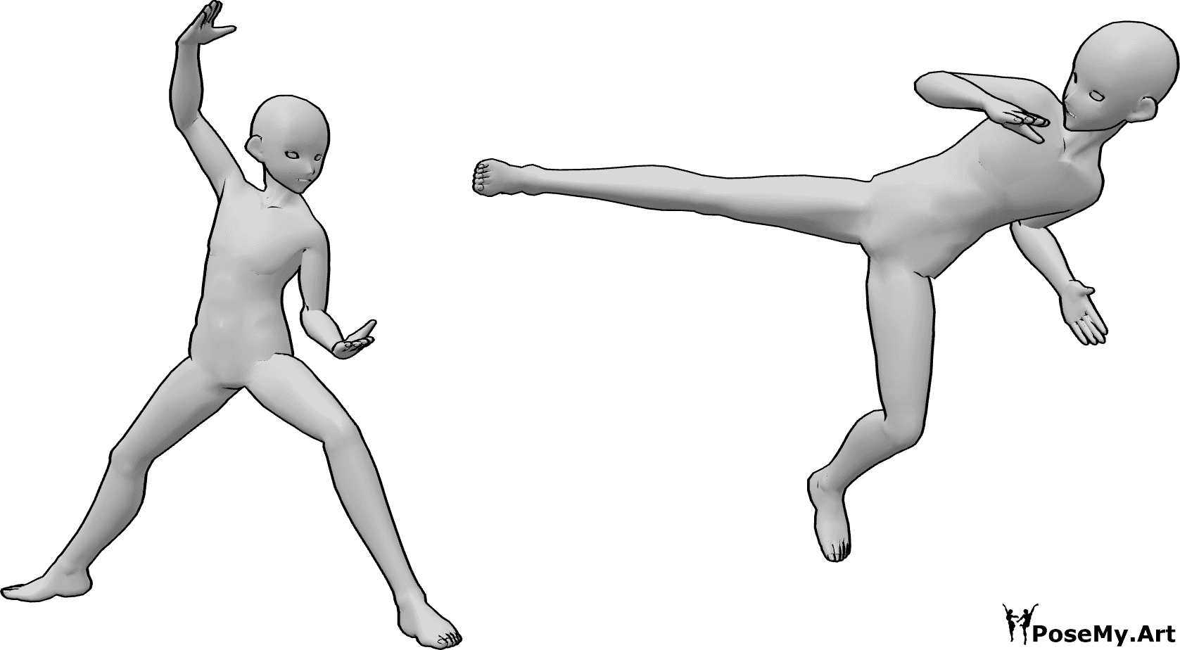Referência de poses- Pose de luta ninja de anime - Dois homens de anime estão a lutar, um deles está a fazer uma pose de luta ninja de anime.