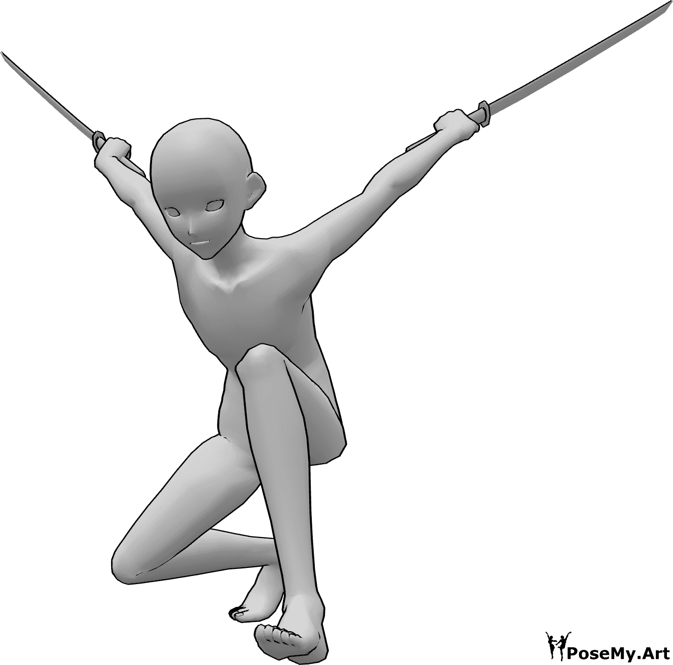 Referência de poses- Pose de aterragem de ninja de anime - Homem anime aterra no chão, segurando katanas com as duas mãos