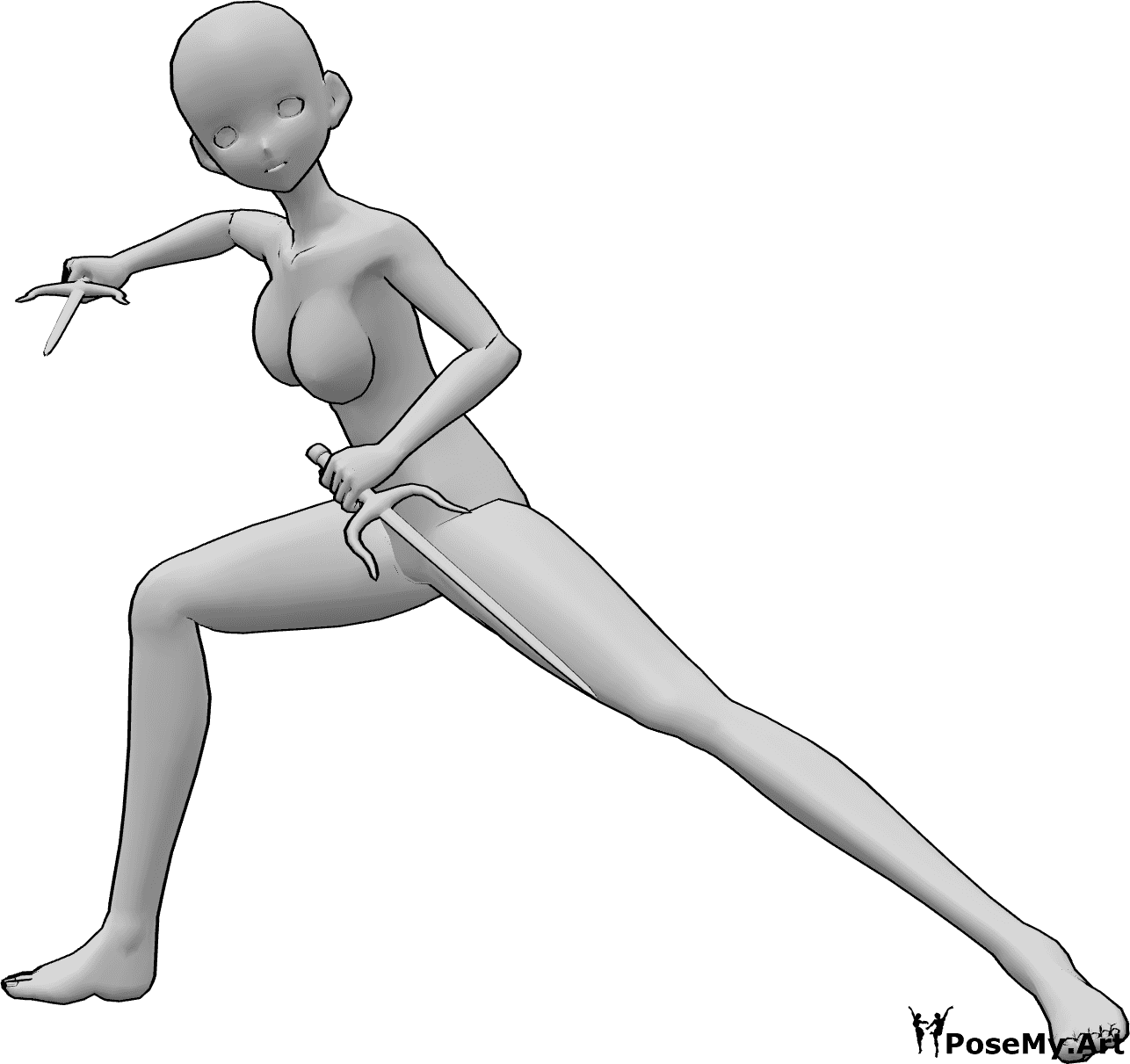 Référence des poses- Anime prenant la pose sai - Une femme animée tient des sais à deux mains et regarde vers l'avant, prête à se battre.