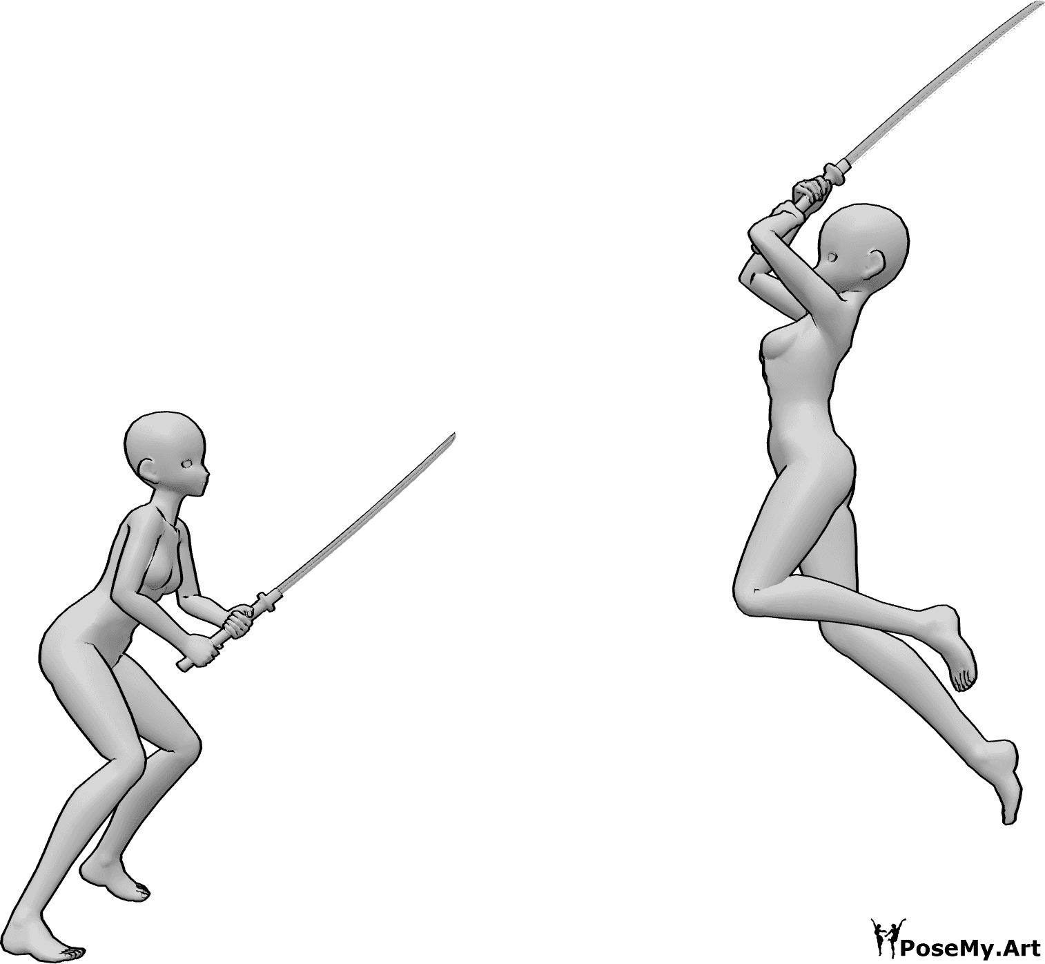 Posen-Referenz- Anime Katana Kampf Pose - Anime-Frauen kämpfen mit Katanas, eine von ihnen springt hoch und schlägt zu