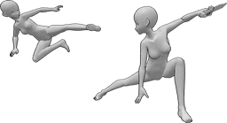 Riferimento alle pose- Anime femmine che combattono in posa - Anime femminili stanno combattendo, una di loro impugna un pugnale, l'altra esegue un calcio laterale