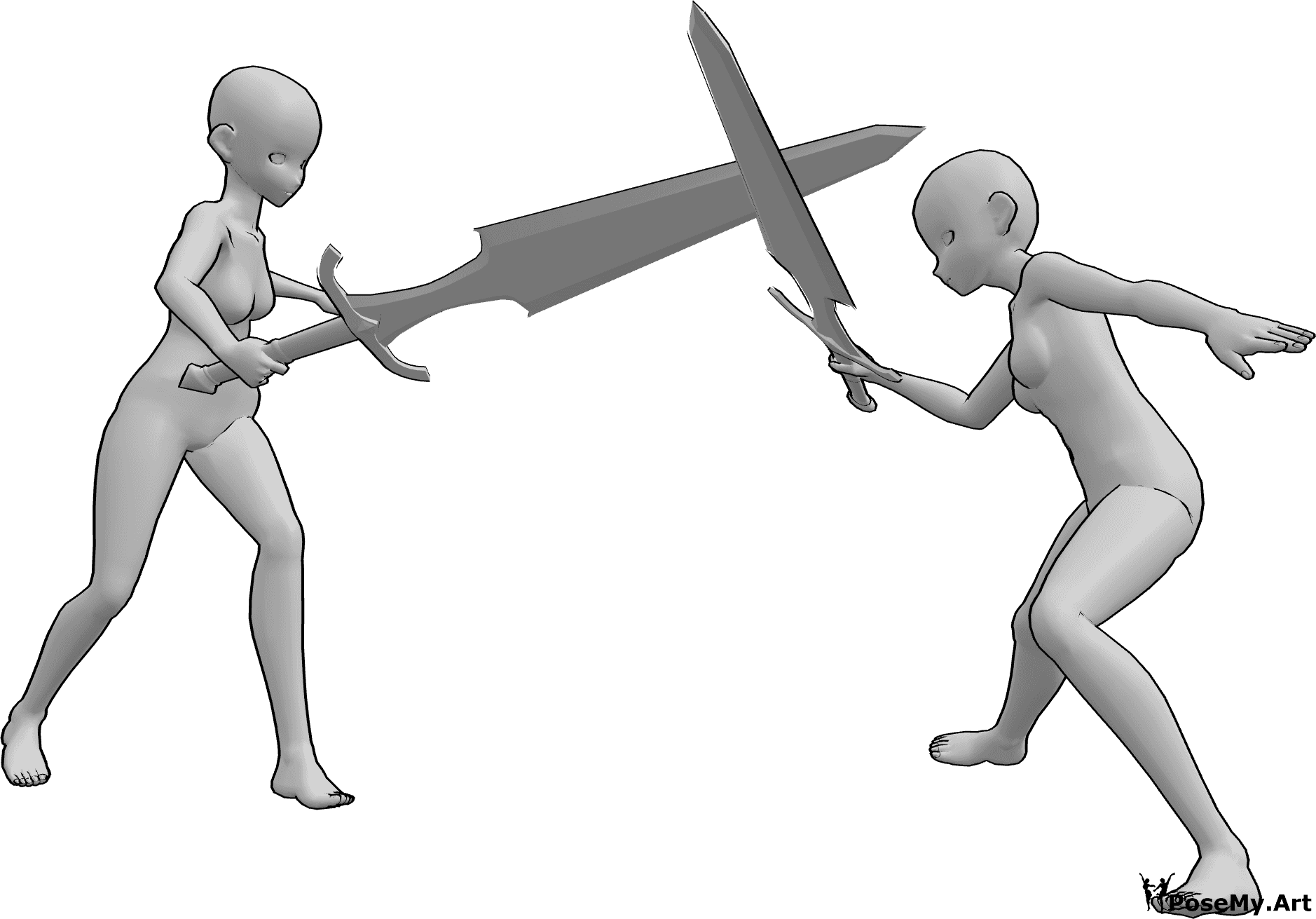 Référence des poses- Pose de combat d'épée d'anime - Des femmes d'animation se battent avec de grandes épées, l'une d'entre elles bloque un coup.