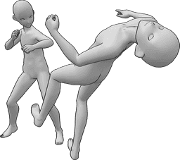 Riferimento alle pose- Posa da knock out in stile anime - Anime maschili stanno combattendo, uno di loro viene colpito e cade all'indietro, messo al tappeto