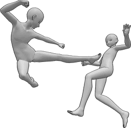 Référence des poses- Anime fighting kicking pose - Des hommes antiques se battent, l'un d'eux saute haut pour faire un coup de pied latéral.