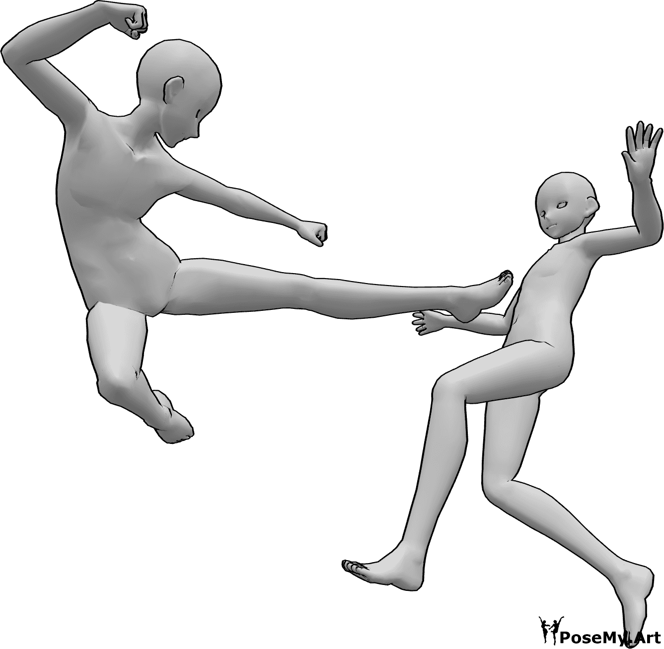 Referência de poses- Pose de pontapé de luta de anime - Os machos de anime estão a lutar, um deles salta alto para dar um pontapé lateral