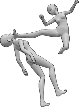 Referência de poses- Pose de pontapé de mulher de anime - As fêmeas de anime estão a lutar, uma delas salta e dá um pontapé na cabeça da outra fêmea