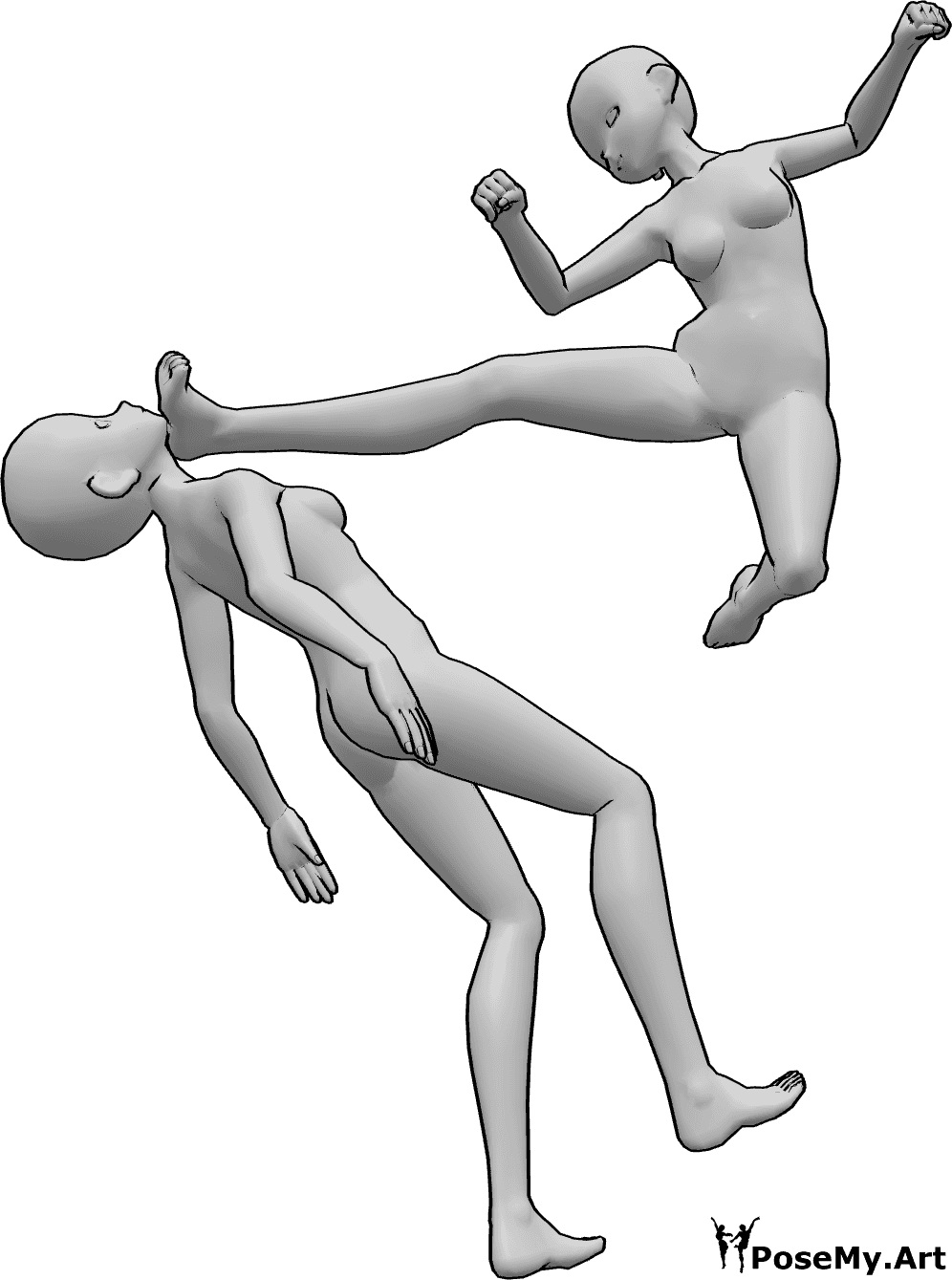 Référence des poses- Pose de coup de pied d'une femme d'animation - Des femelles d'animaux se battent, l'une d'entre elles se lève et donne un coup de pied dans la tête de l'autre femelle.