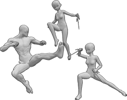 Referência de poses- Pose de luta de zombies de anime - Duas mulheres anime lutam com um zombie, seguram sais e o zombie dá um pontapé lateral