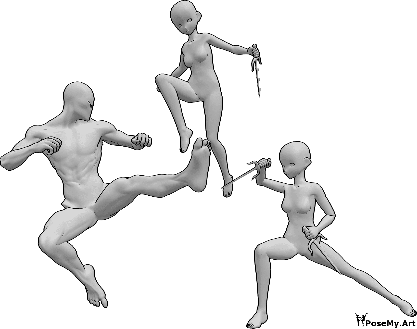 Pose Reference- Anime zombie fighting pose - Two anime females are fighting with a zombie, they are holding sais, the zombie is doing a side kick