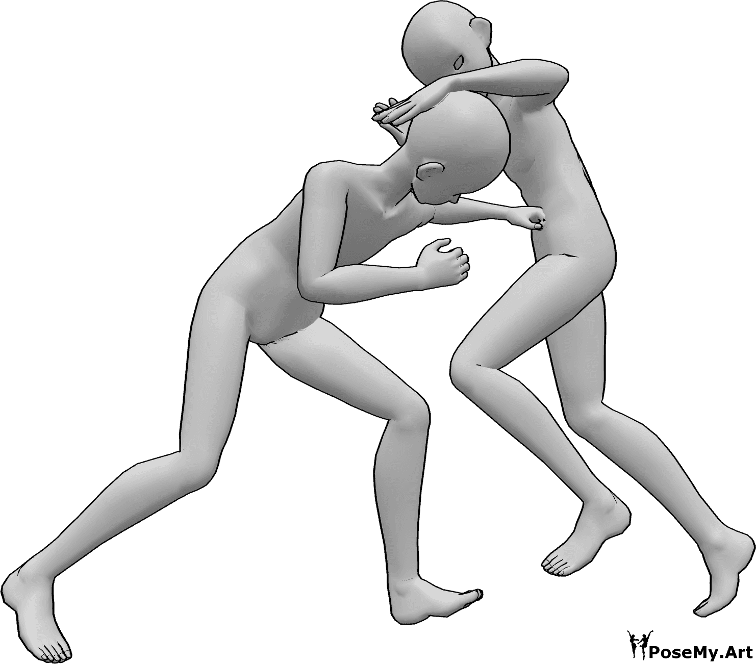 Référence des poses- Pose de combat d'anime - Deux hommes animés se battent, l'un donne un coup de poing à l'autre dans l'estomac, l'autre lui donne un coup de genou dans la tête.