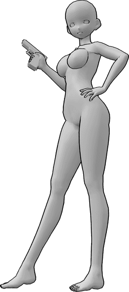 Referencia de poses- Anime con pistola en la mano - Mujer anime de pie y segura de sí misma, con la mano izquierda en la cadera y una pistola en la derecha.