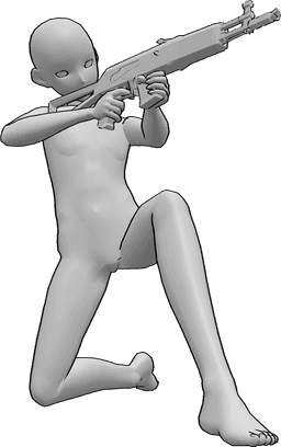 Referência de poses- Pose de pontaria de anime ajoelhado - Homem anime ajoelhado, segurando uma AK74u com as duas mãos e fazendo pontaria com ela