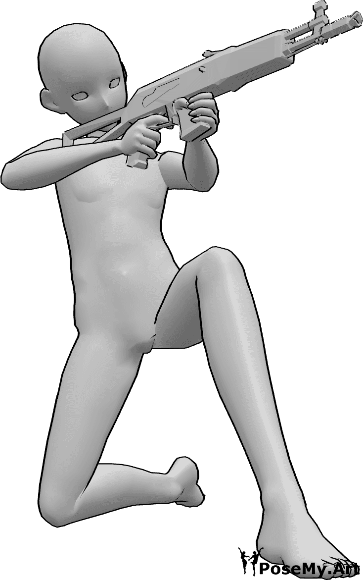 Riferimento alle pose- Posa di mira in ginocchio anonimo - Un uomo anonimo è inginocchiato, tiene un AK74u con entrambe le mani e prende la mira.