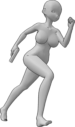 Referencia de poses- Anime pistola corriendo pose - Mujer anime está corriendo rápido con una pistola, sosteniendo el arma en su mano derecha