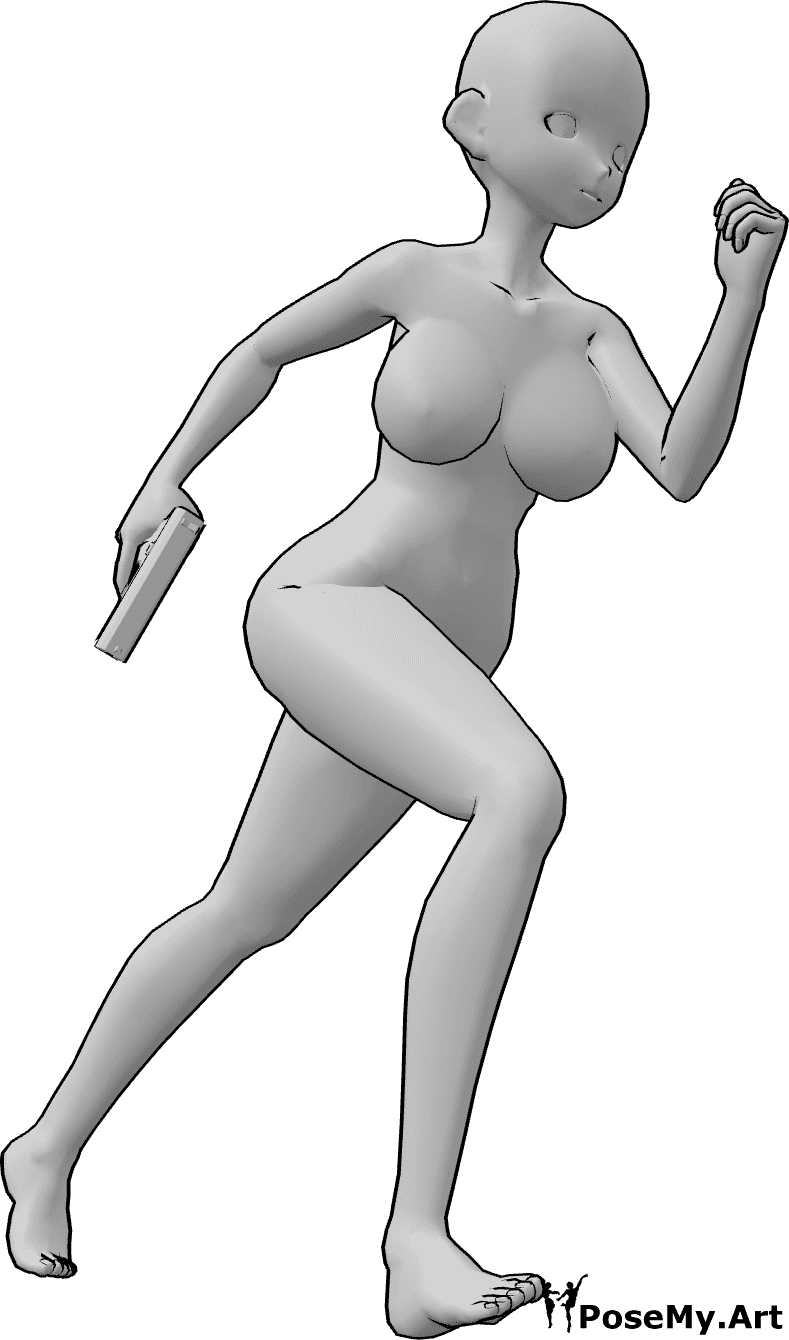 Referência de poses- Pose de corrida com arma de anime - Uma mulher de anime está a correr rapidamente com uma arma, segurando a arma na mão direita