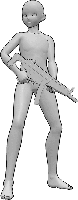 Referencia de poses- Postura de pie sosteniendo una pistola - Anime masculino está de pie con confianza, sosteniendo un MP5 en ambas manos, mirando a la derecha