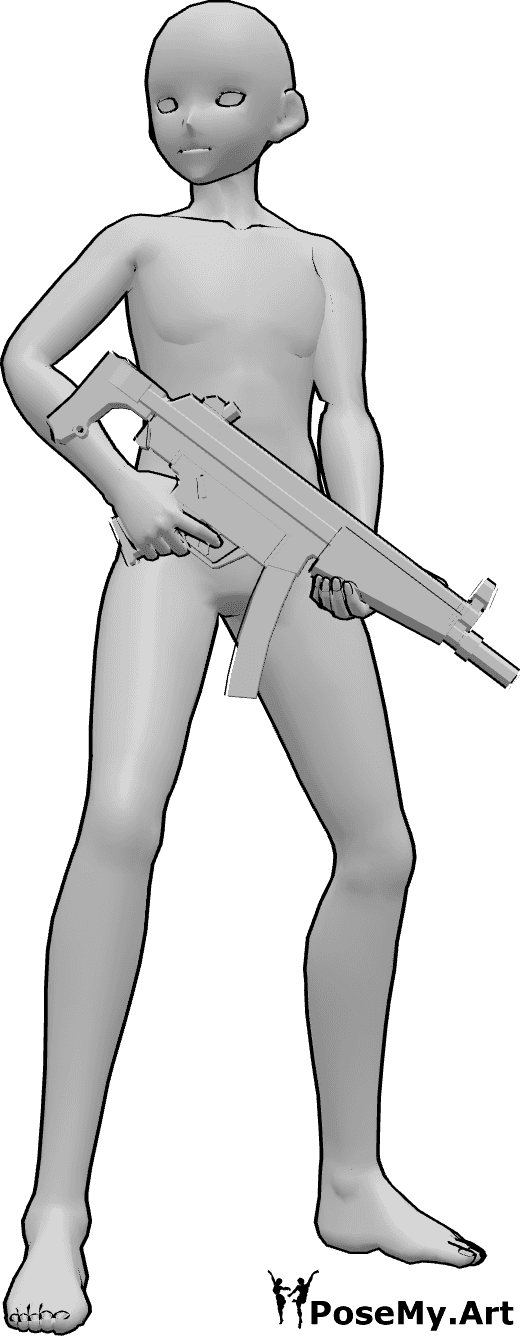 Referência de poses- Pose de pé segurando a arma - Um homem anime está de pé, confiante, segurando uma MP5 em ambas as mãos, olhando para a direita