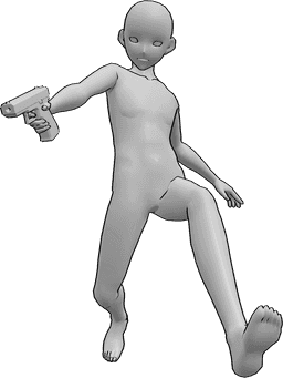 Referencia de poses- Anime saltando apuntando pose - Hombre anime está saltando, sosteniendo una pistola en su mano derecha y apuntando hacia abajo