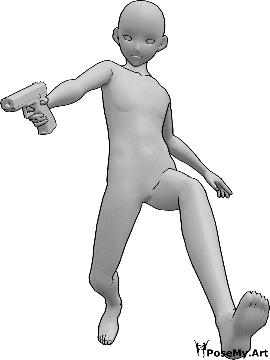 Referência de poses- Pose de pontaria de salto de anime - Homem anime salta, segura uma arma na mão direita e aponta-a para baixo